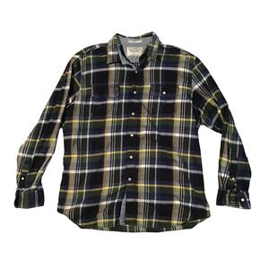 Nautica Button Up Long Sleeves Plaid Navy Blue With Yellow Casual Fit Men's Sz L